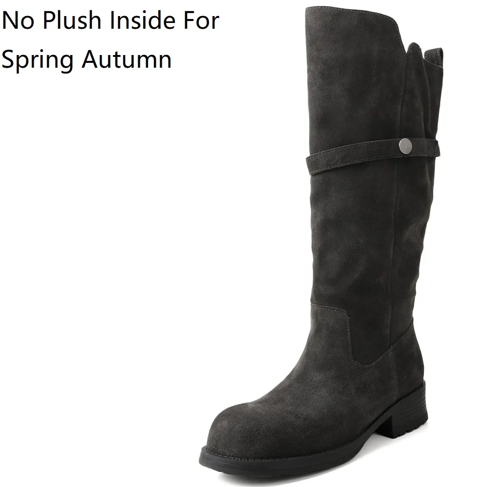 4CM Block Heel Fashion Round Toe Muted Earth Tone Autumn Winter Solid Color Genuine Suede Slip-On Women's Knee-High Boots 51110