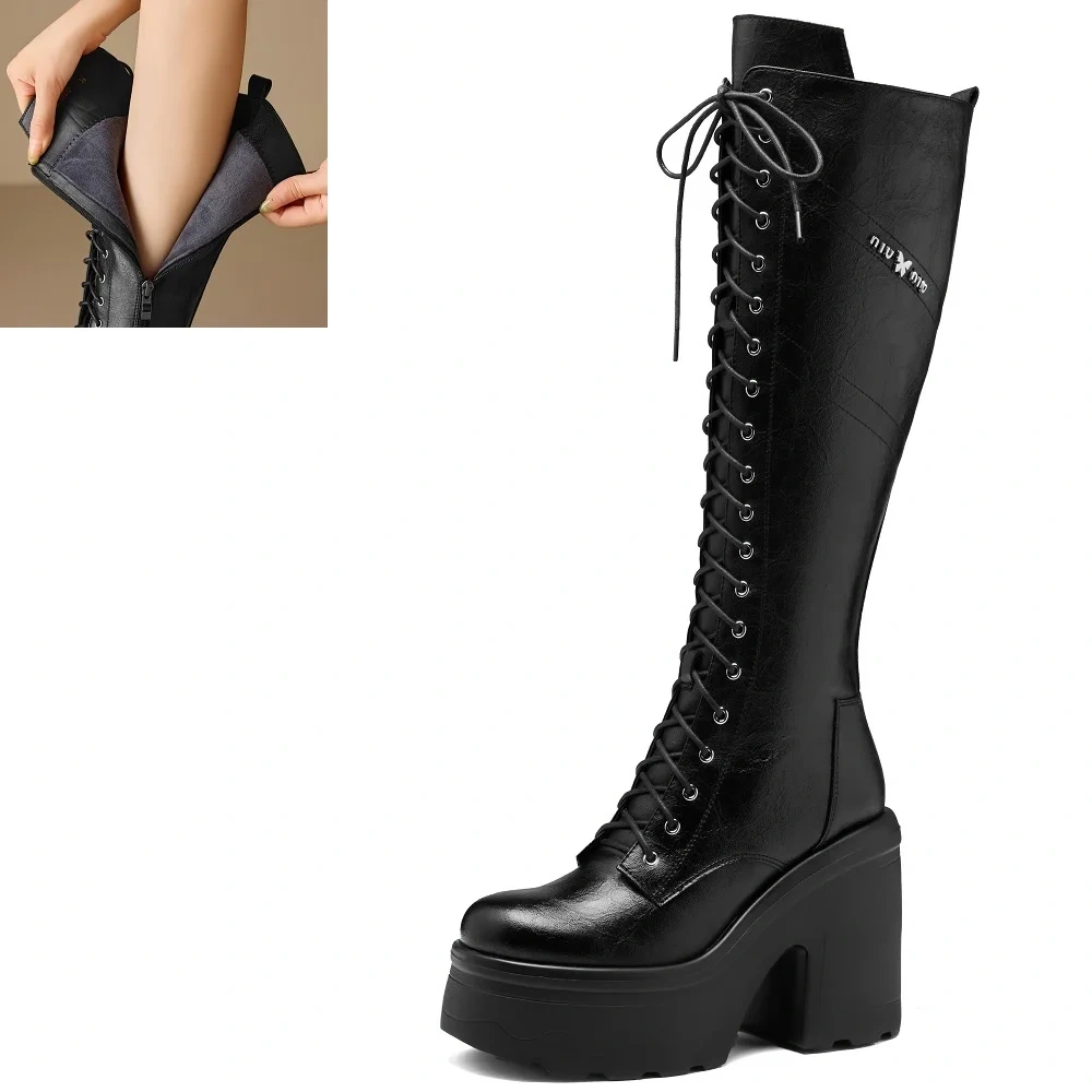 12CM Block Heel Gladiator Genuine Leather Stylish Round Toe Platform Slimming Side Zipper Autumn Winter Knee High Boots 51113