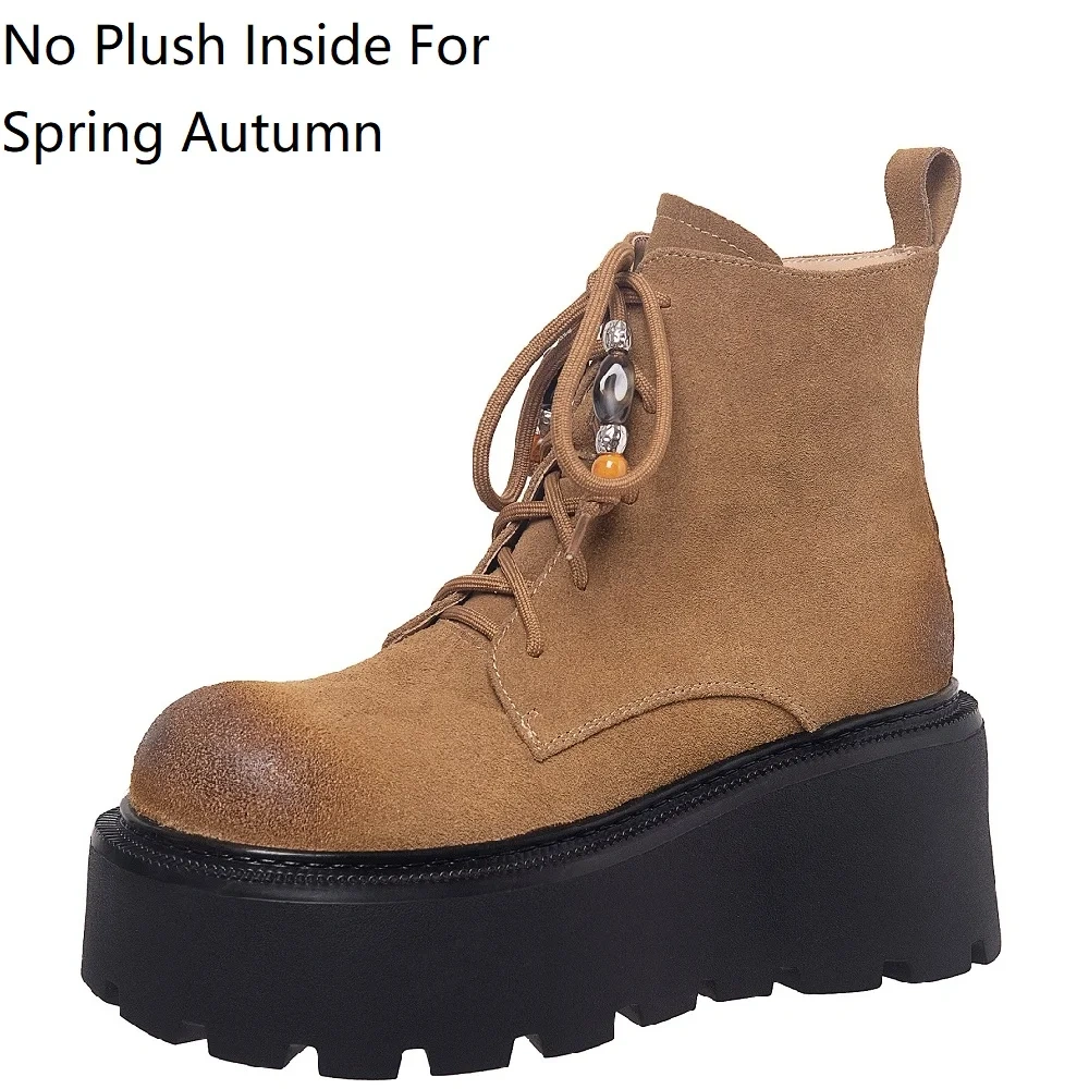 7.5 CM Thick Sole Suede Lace-Up Retro Distressed Beaded Round Toe British Style Casual Autumn Winter Platform Ankle Boots 51112