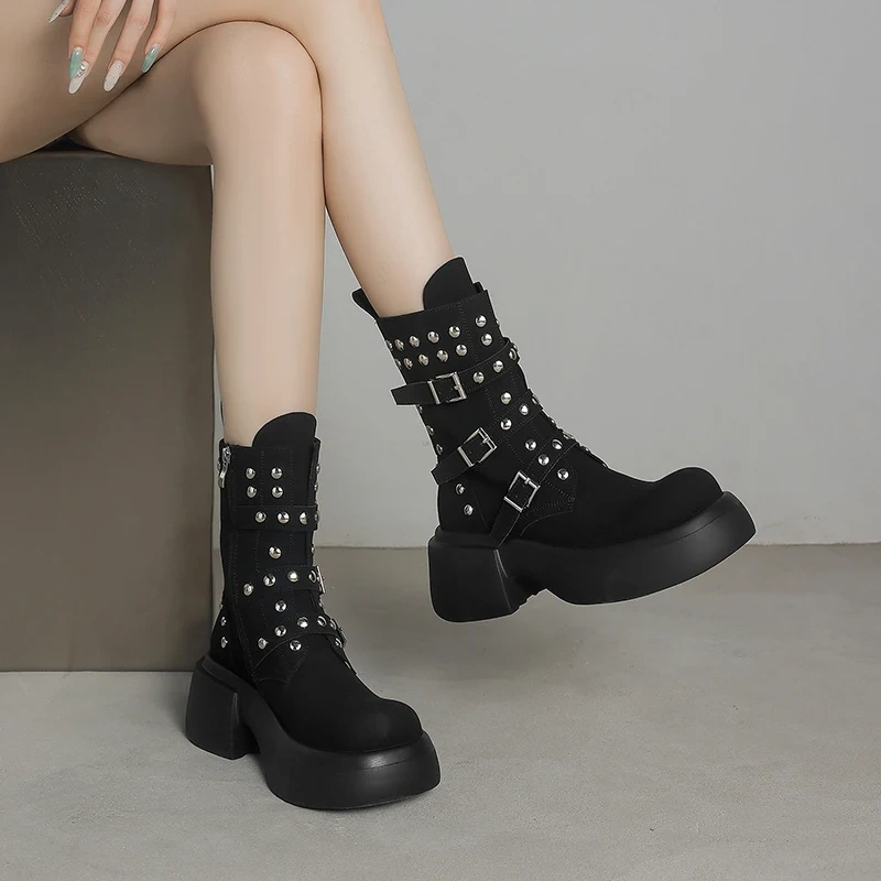 6CM Chunky Heel Suede Genuine Leather Retro British Style Rivet Belt Buckle Y2K Girly Trend Autumn Winter New Ladies Boots 51031