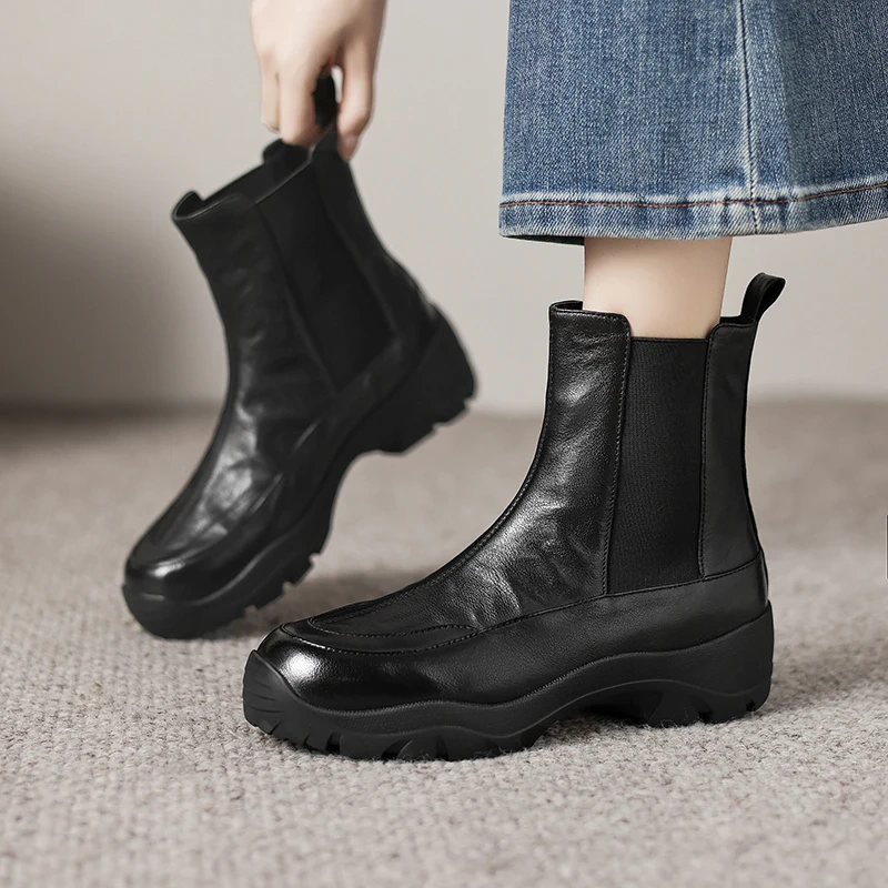 Women's British Genuine Leather Slip On Solid Color Round Toe 4.5 CM Platform Casual Lamb Wool Lining Soft Sole Ankle Boots51108