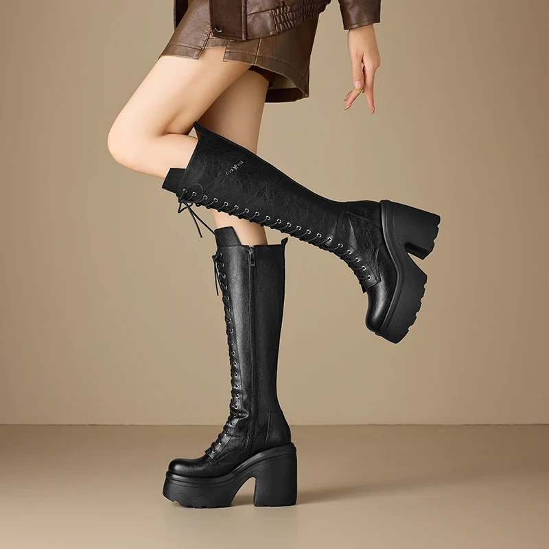 12CM Block Heel Gladiator Genuine Leather Stylish Round Toe Platform Slimming Side Zipper Autumn Winter Knee High Boots 51113