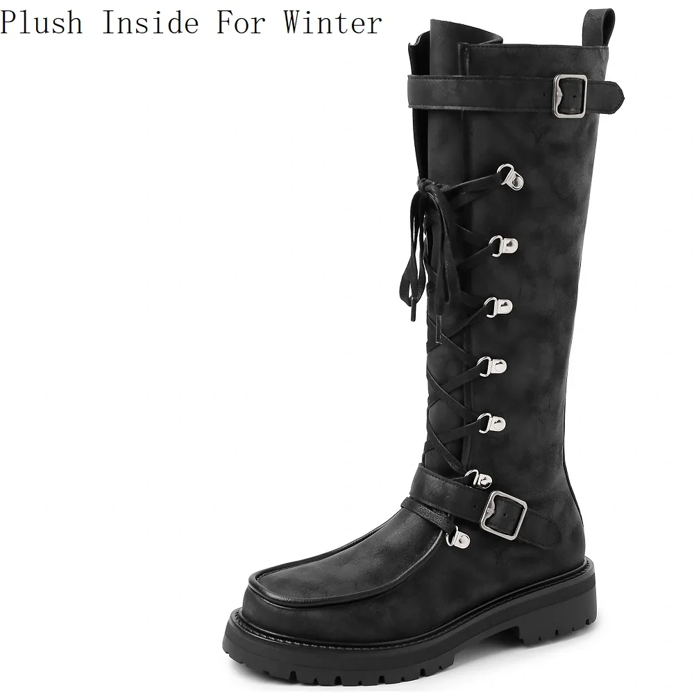 Retro Round Toe 3.5 CM Block Heel Cross Straps Buckle Design Y2K Edgy Sweet Girl Aesthetic Brown Knee High Boots 51108