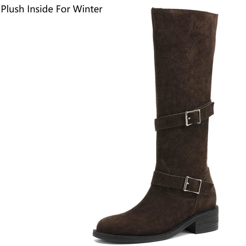 Slimming 4CM Block Heel Buckle Round Toe Genuine Leather Suede Versatile Vintage Mermaid Autumn Winter Knee-High Boots 51112