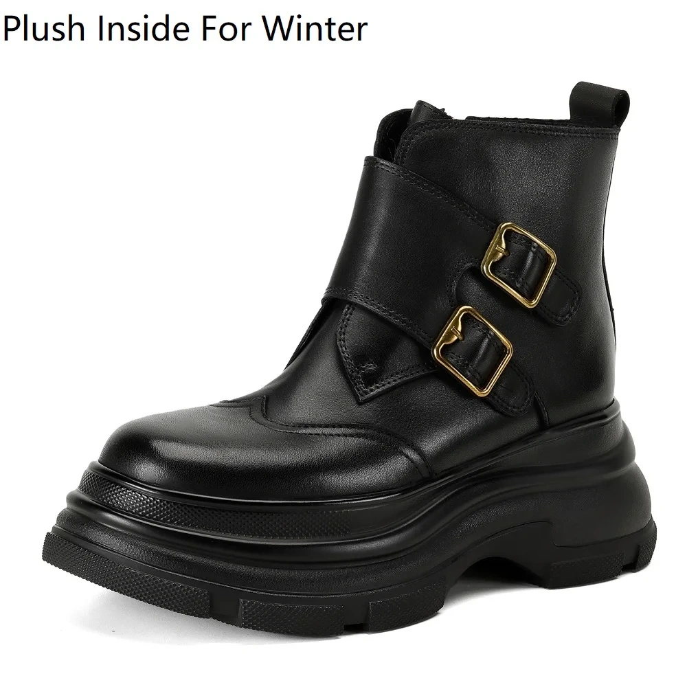 British Style Retro Solid Genuine Leather 7 CM Thick Sole Belt Buckle Autumn Winter Fleece Lined Side Zipper Ankle Boots 51106