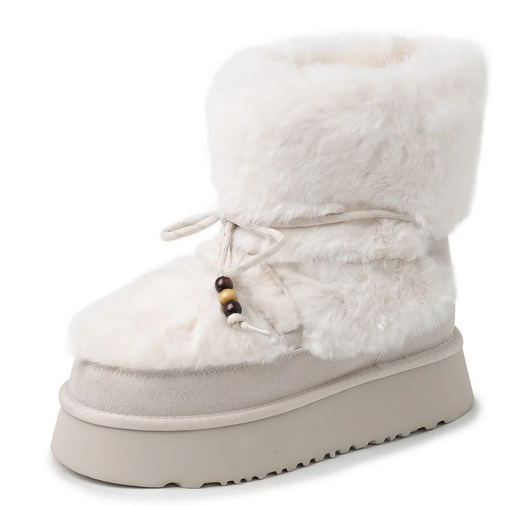 Women's Genuine Leather Fuzzy Lined Warm Beaded Casual White Furry 4 CM Thick Platform Slip On  Ankle Boots Plus Size 42 51107