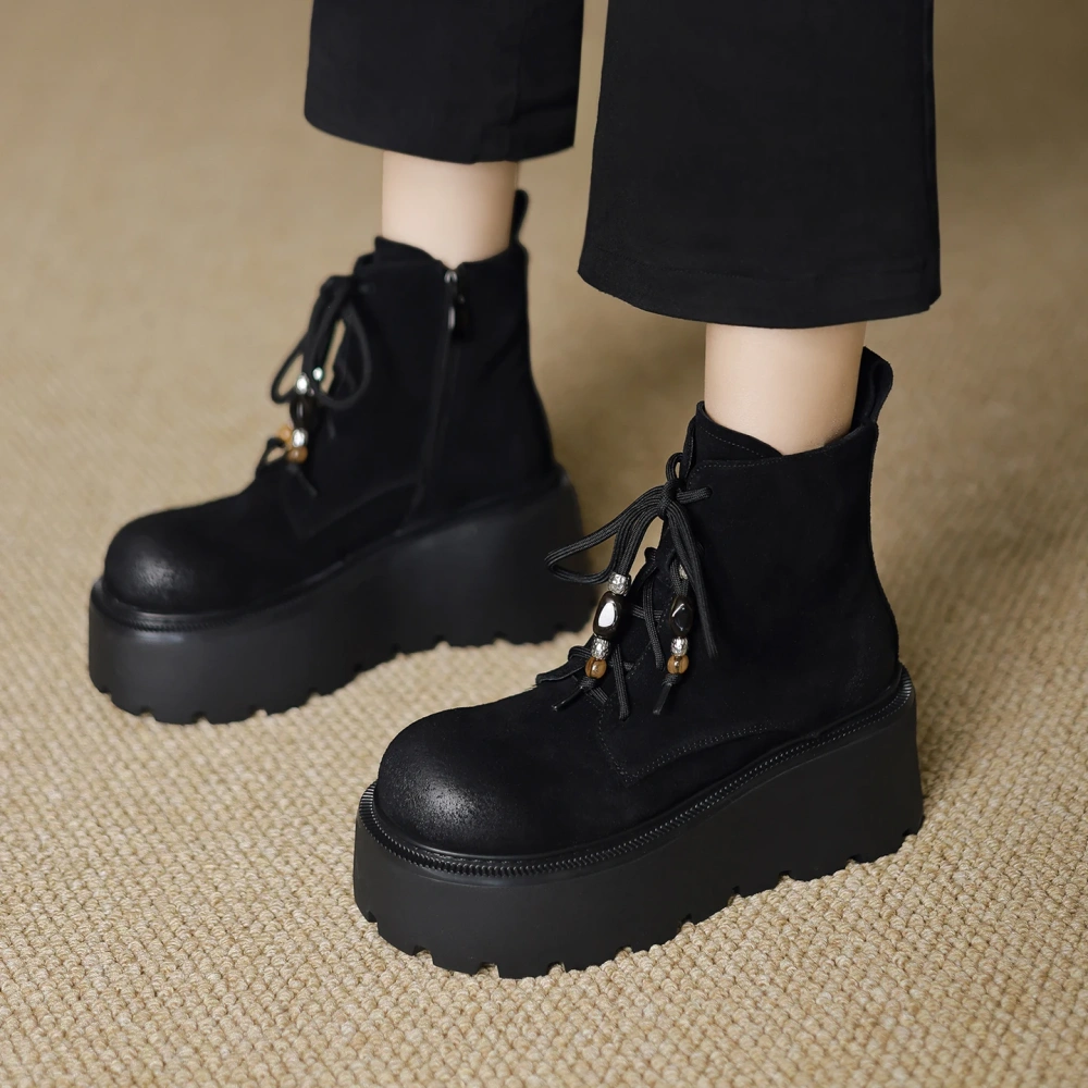 7.5 CM Thick Sole Suede Lace-Up Retro Distressed Beaded Round Toe British Style Casual Autumn Winter Platform Ankle Boots 51112