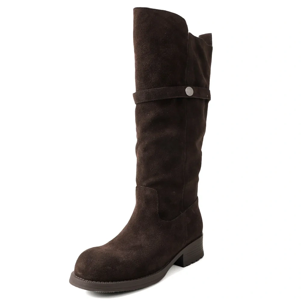4CM Block Heel Fashion Round Toe Muted Earth Tone Autumn Winter Solid Color Genuine Suede Slip-On Women's Knee-High Boots 51110