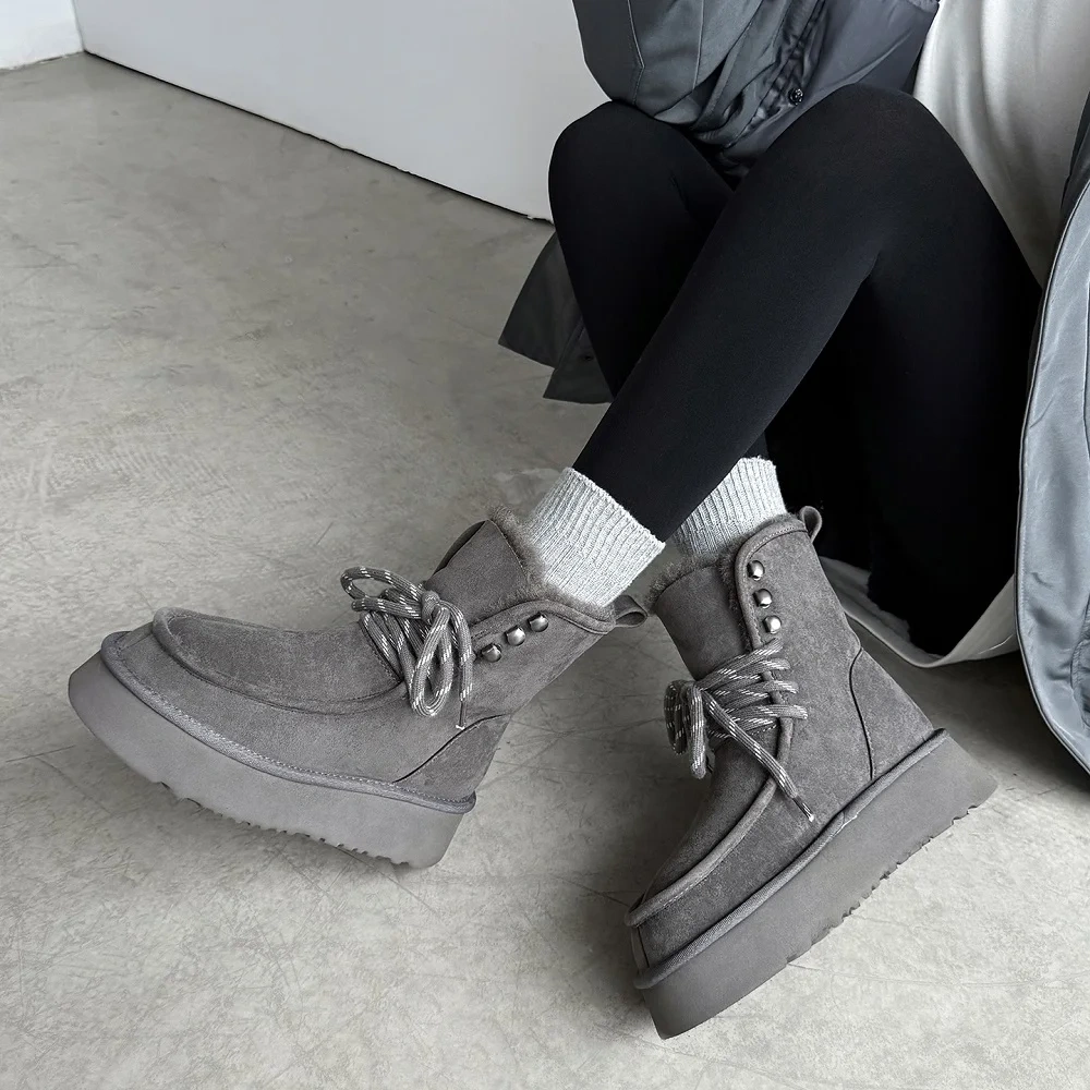 Winter New Plus Size 42 Women's Genuine Suede Lace Up Platform Snow Boots Thick Fleece Warm Non-Slip Casual Ankle Boots 51110