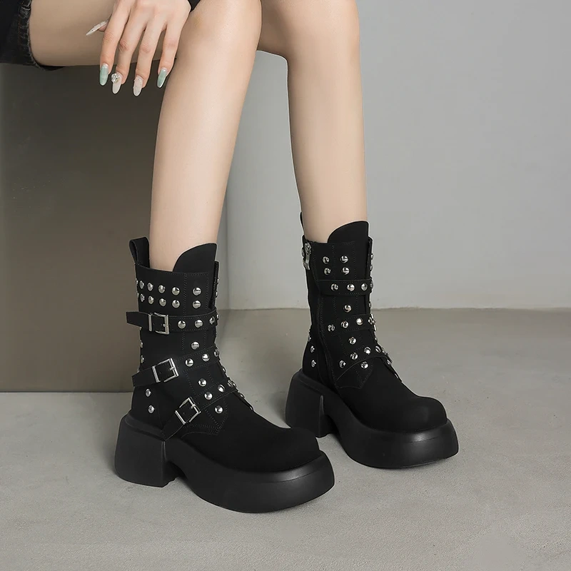 6CM Chunky Heel Suede Genuine Leather Retro British Style Rivet Belt Buckle Y2K Girly Trend Autumn Winter New Ladies Boots 51031