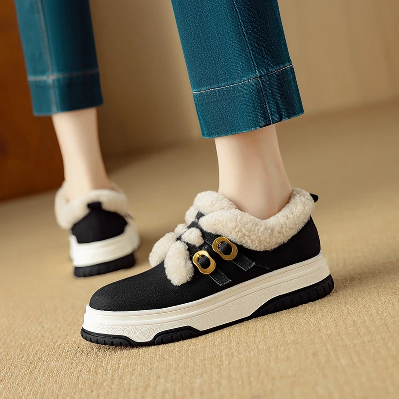 Genuine Leather Casual Buckle 4.5CM Platform Color Block Round Toe Lamb Wool Lined Warm Non-Slip Winter Women's Sneakers 51114