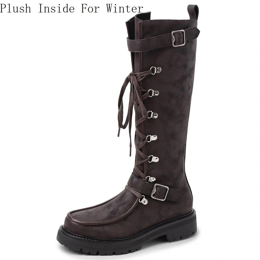 Retro Round Toe 3.5 CM Block Heel Cross Straps Buckle Design Y2K Edgy Sweet Girl Aesthetic Brown Knee High Boots 51108