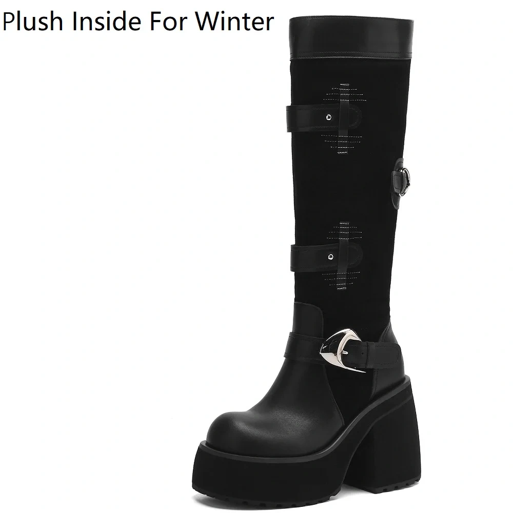 Women's Buckle Platform Slip-On Fashion 10.5CM Square Heel Genuine Leather Versatile European & American Style Knight Boots51106
