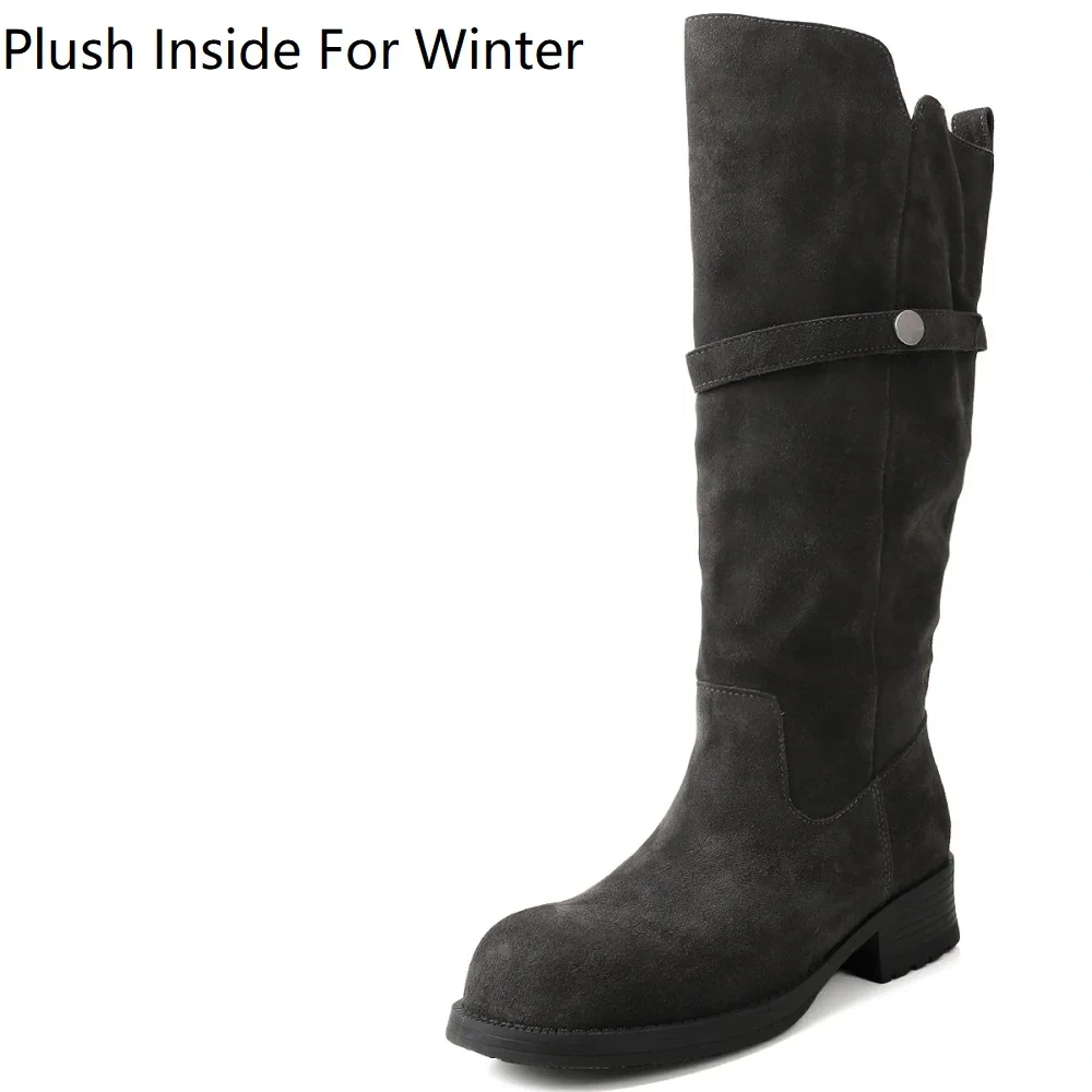 4CM Block Heel Fashion Round Toe Muted Earth Tone Autumn Winter Solid Color Genuine Suede Slip-On Women's Knee-High Boots 51110