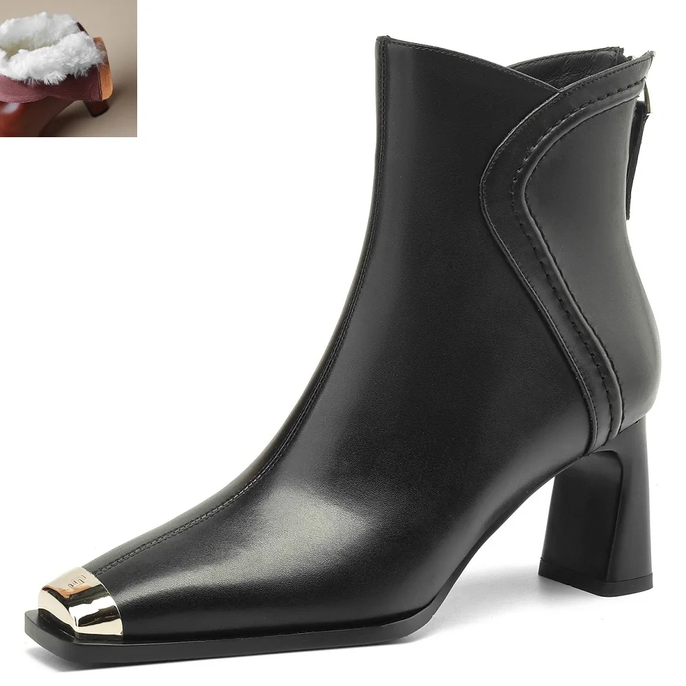 Autumn Winter New Solid Elegant Fashion 7 CM Block Heel Metal Toe Leather French Retro Plus Size 40 Women's Ankle Boots 51110