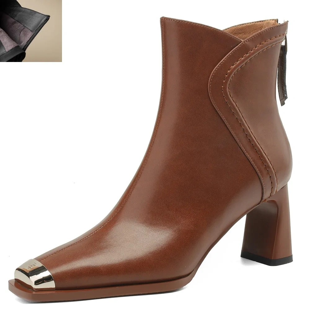 Autumn Winter New Solid Elegant Fashion 7 CM Block Heel Metal Toe Leather French Retro Plus Size 40 Women's Ankle Boots 51110