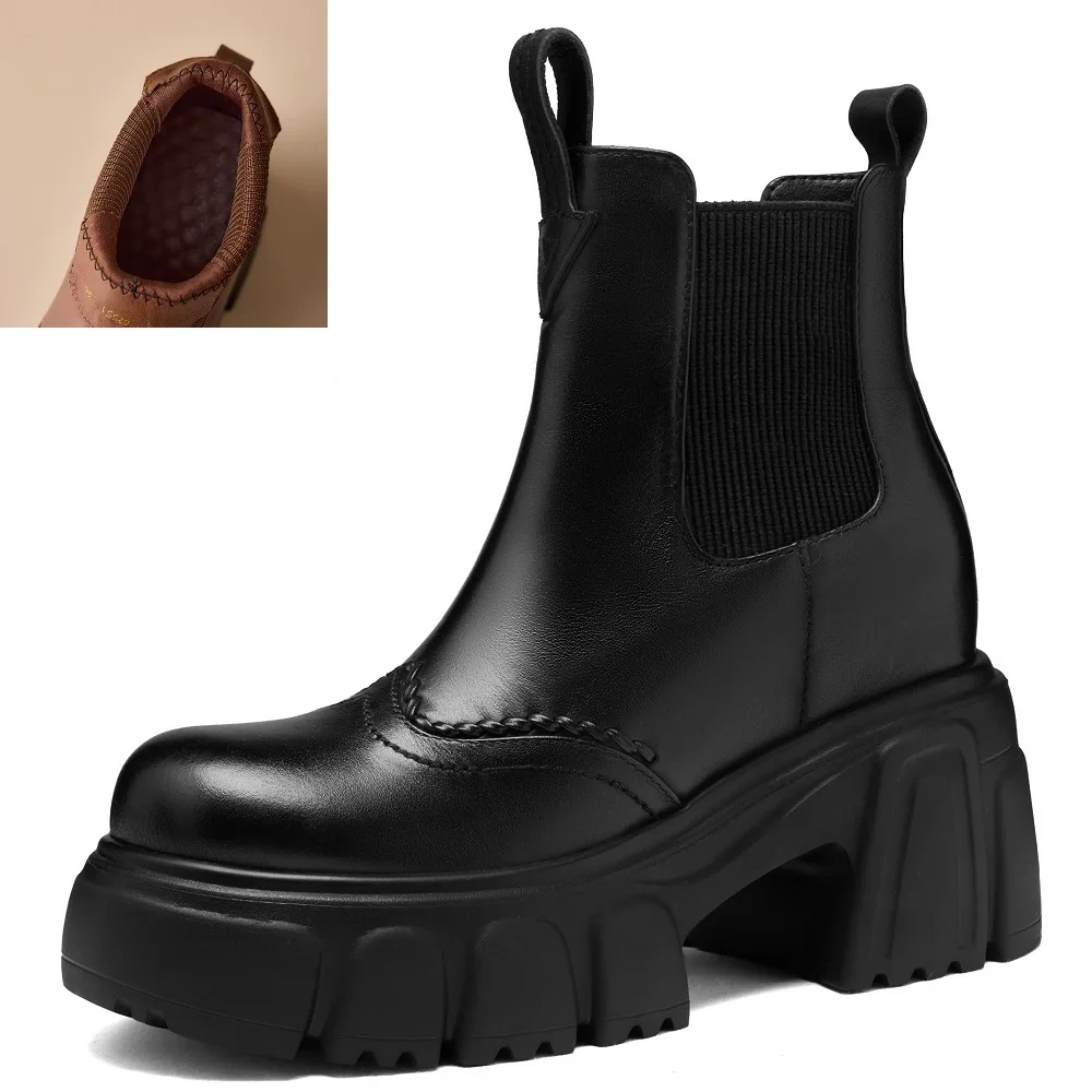 10 CM Block Heel Genuine Leather Round Toe Slip-On Platform Minimalist British Style Autumn Winter New Women's Ankle Boots 51113
