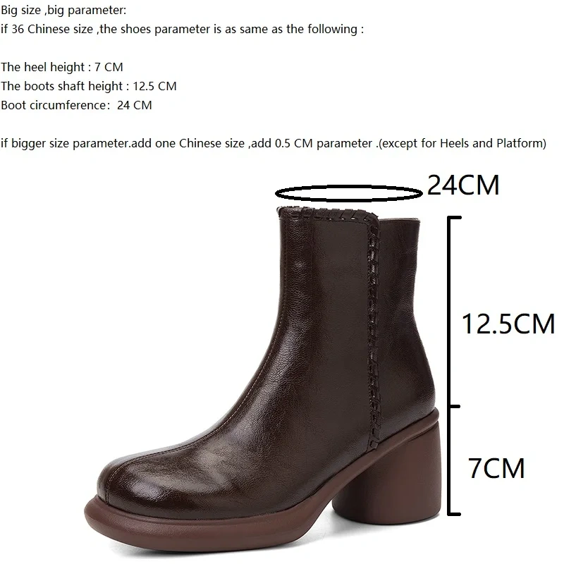 2025 Winter New Women's British Retro Round Toe Solid Genuine Leather 7 CM Block Heel Fleece Lining Side Zip Ankle Boots 51110