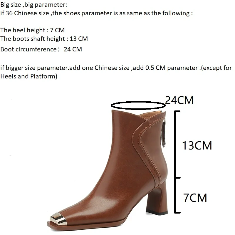 Autumn Winter New Solid Elegant Fashion 7 CM Block Heel Metal Toe Leather French Retro Plus Size 40 Women's Ankle Boots 51110