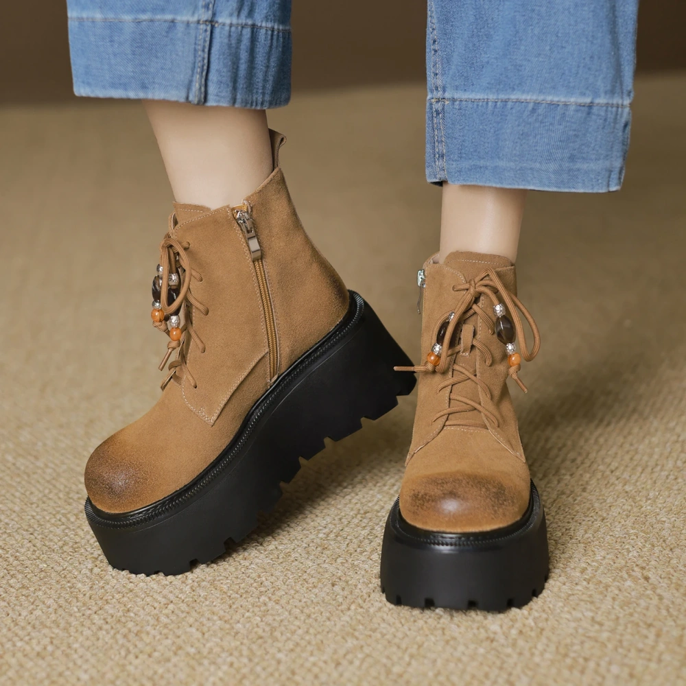 7.5 CM Thick Sole Suede Lace-Up Retro Distressed Beaded Round Toe British Style Casual Autumn Winter Platform Ankle Boots 51112