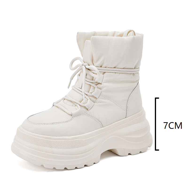 Women's Genuine Leather Lace-up Platform Winter Snow Boots Rabbit Fur Lined Warm 7 CM Non-slip Thick Sole Height Increasing Minimalist Casual Ankle Boots 60119