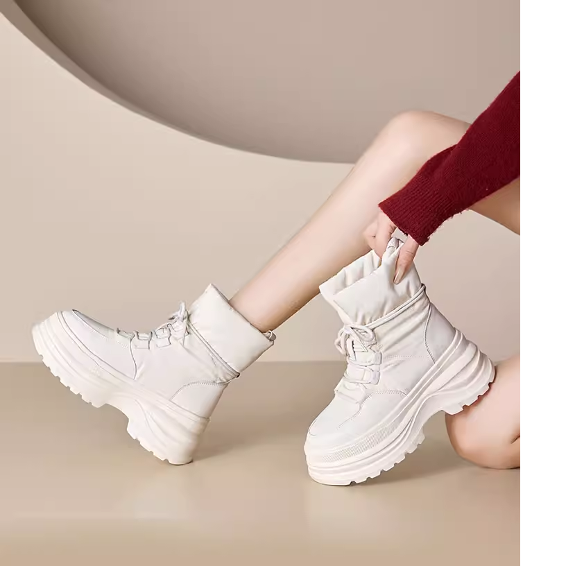 Women's Genuine Leather Lace-up Platform Winter Snow Boots Rabbit Fur Lined Warm 7 CM Non-slip Thick Sole Height Increasing Minimalist Casual Ankle Boots 60119