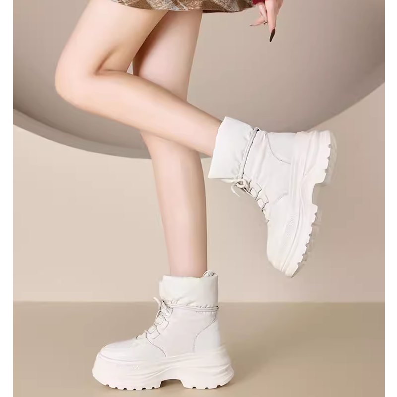 Women's Genuine Leather Lace-up Platform Winter Snow Boots Rabbit Fur Lined Warm 7 CM Non-slip Thick Sole Height Increasing Minimalist Casual Ankle Boots 60119