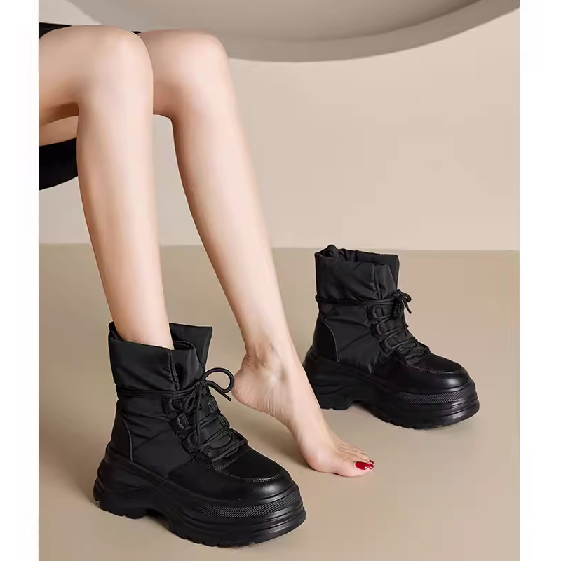 Women's Genuine Leather Lace-up Platform Winter Snow Boots Rabbit Fur Lined Warm 7 CM Non-slip Thick Sole Height Increasing Minimalist Casual Ankle Boots 60119