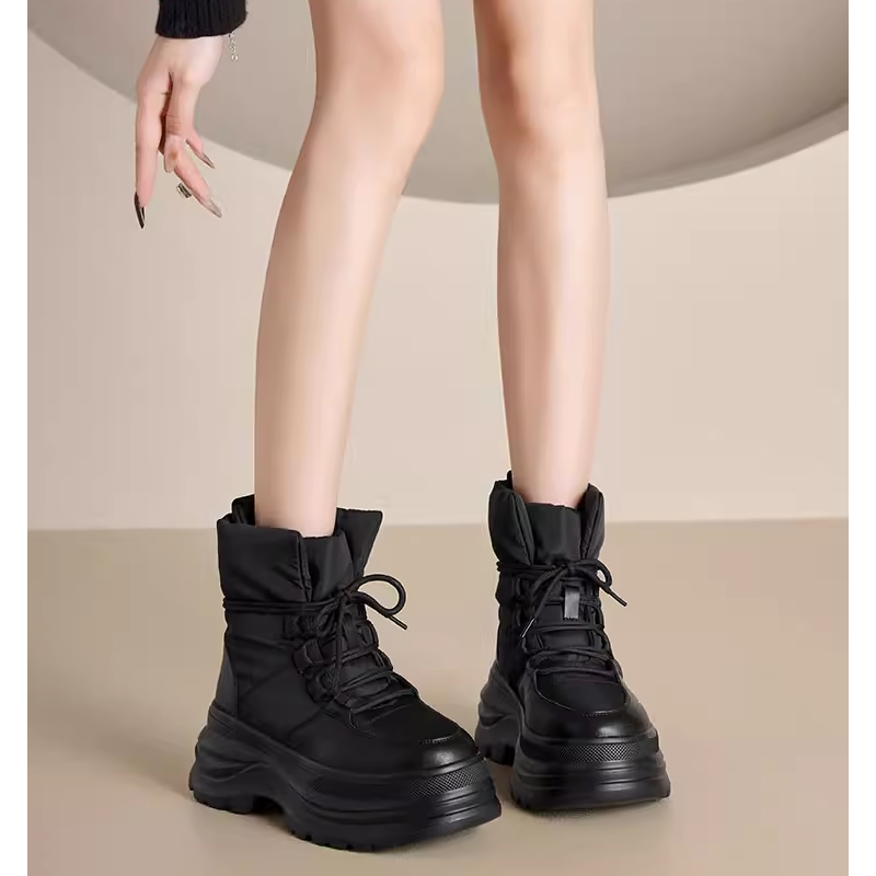 Women's Genuine Leather Lace-up Platform Winter Snow Boots Rabbit Fur Lined Warm 7 CM Non-slip Thick Sole Height Increasing Minimalist Casual Ankle Boots 60119