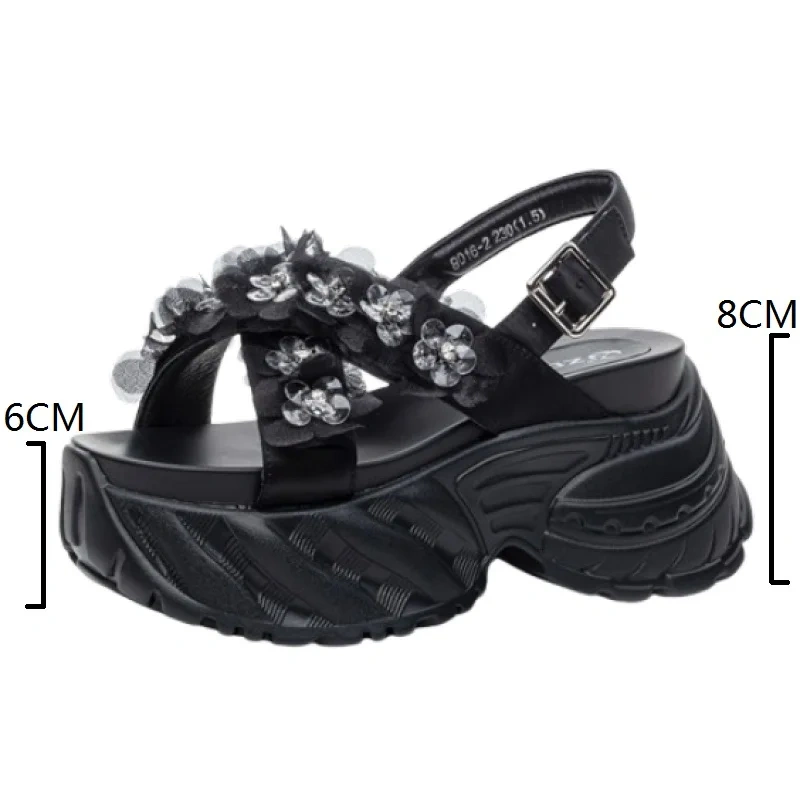 Women's Summer New Slim 8CM Thick Sole Genuine Leather Lace Crystals Buckle Strap Platform Fashion Casual Beach Sandals 50714