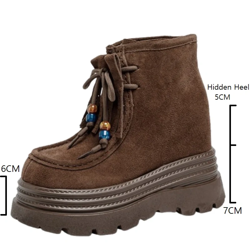 British Style Tassel Lace-Up Genuine Leather 12 CM Thick Sole Casual Beaded Cow Suede Versatile Autumn Women Ankle Boots 51014
