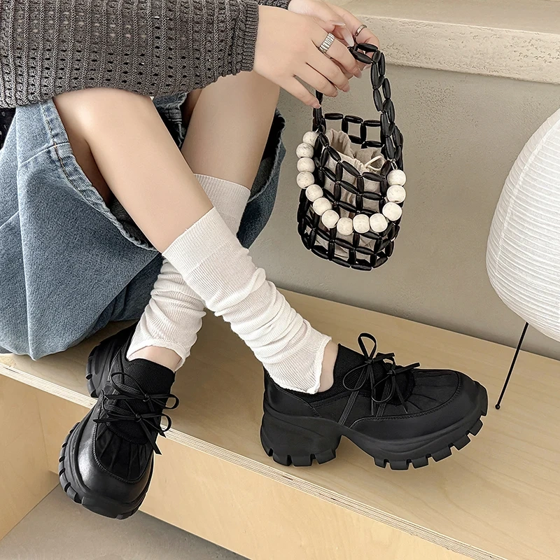 Women's New Autumn Genuine Leather Solid Color Concise Slim 7.5CM Chunky Platform Ruched Lace-Up Bowknot Casual Shoes 50727