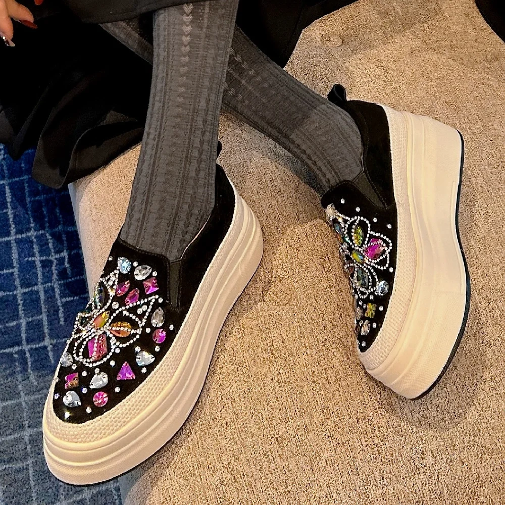 Spring Autumn New Leisure Chunky Bottom Platform Crystal Rhinestone Genuine Leather Women Casual Sneakers Ladies Casual Shoes