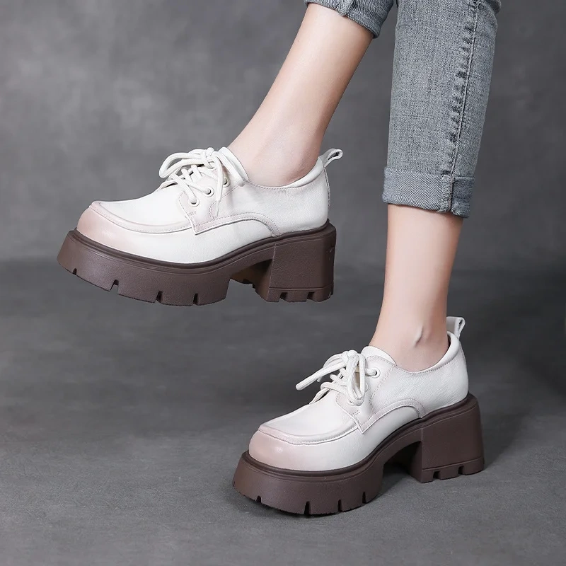 Women's New Spring Autumn Genuine Leather 7CM Square Heel Slimming Loafers Lace Up Platform Round Toe Retro Casual Shoes 50729