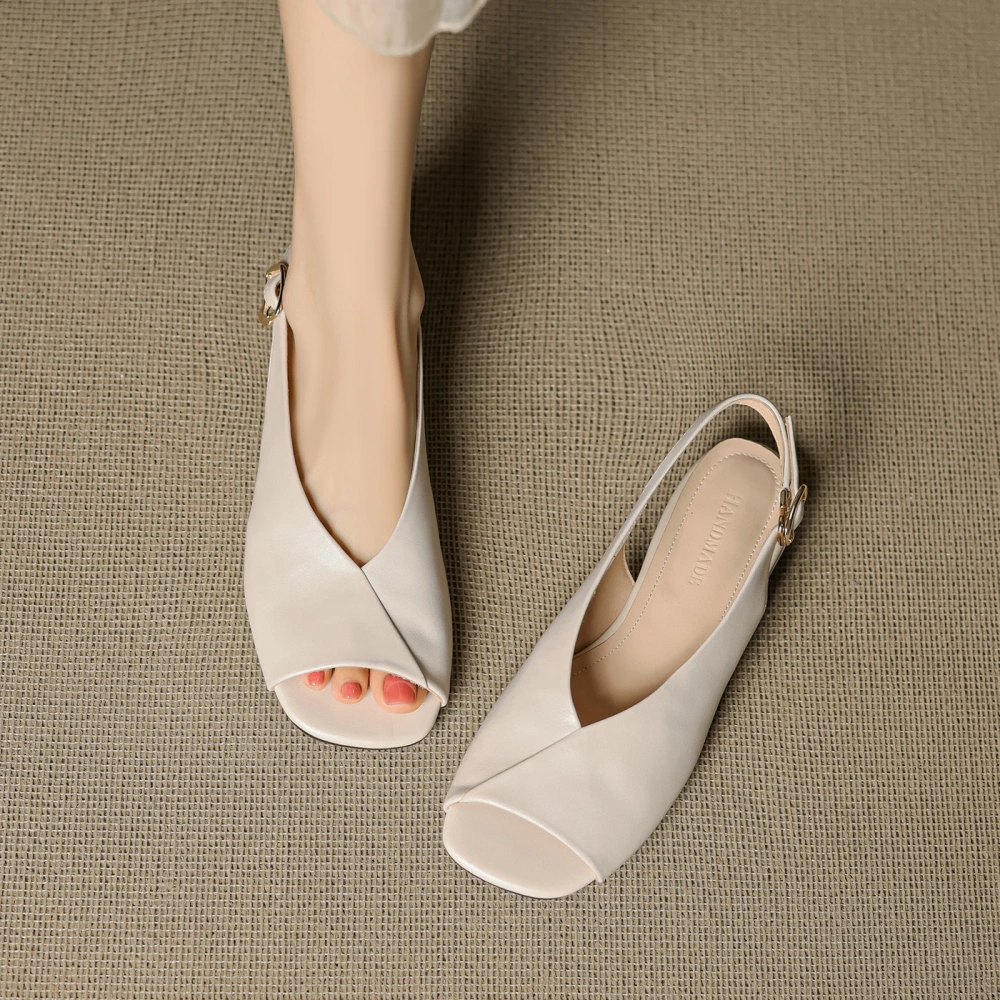 Women's New Summer Genuine Leather 2cm Square Toe Peep Toe Open Toe One - Strap Shallow Mouth Concise Retro Casual Sandals 50727