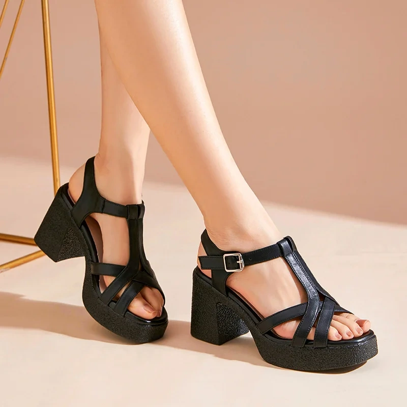 Women's Summer New Slim 8CM Chunky Heel Platform Peep-Toe Ankle Strap Genuine Leather Buckle Gladiator Slingbacks Sandals 50708