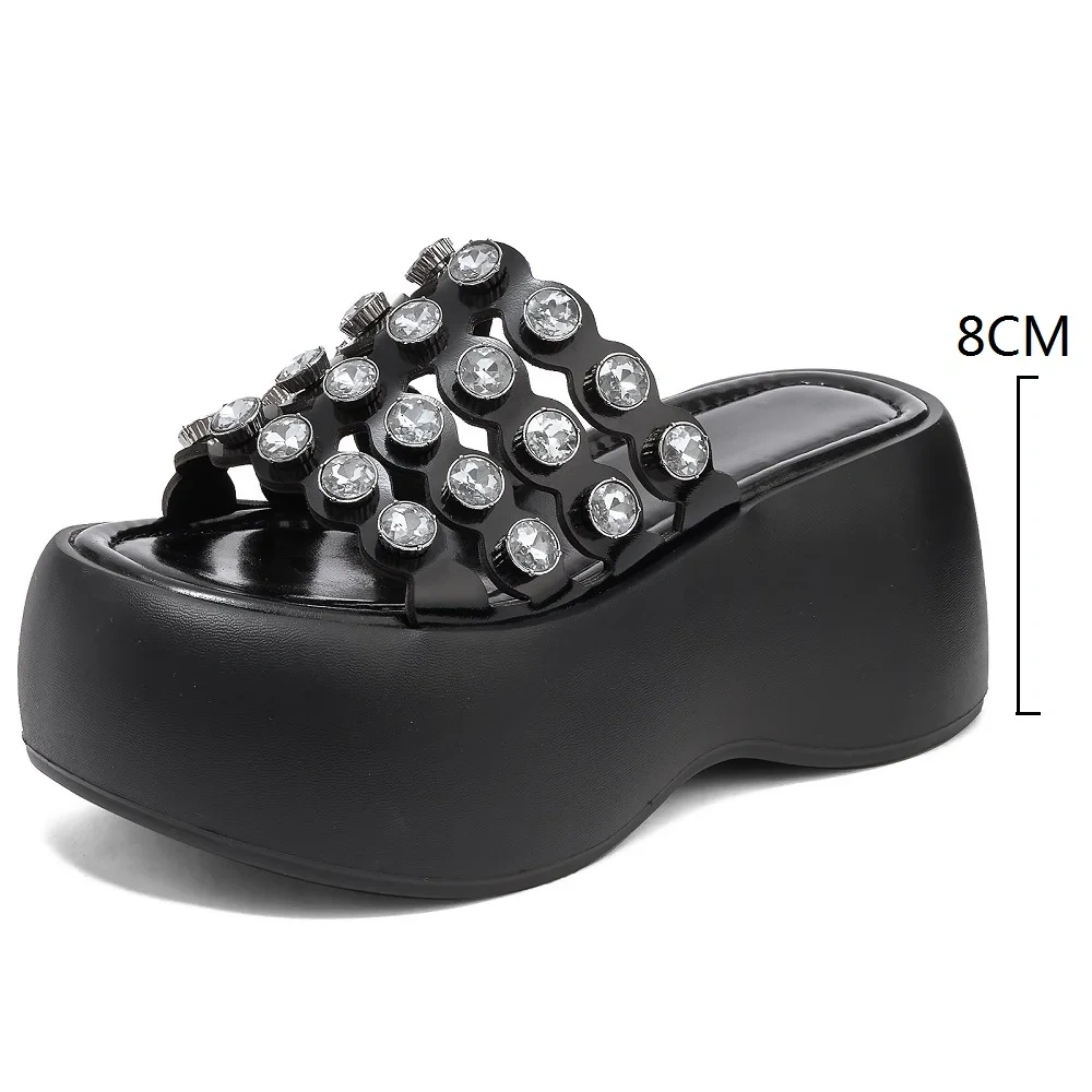 Women's Summer Fashion Slim 8 CM Thick Sole Flat Genuine Leather Open Toe Platform Cut Out Crystals Gladiator Slippers 50528