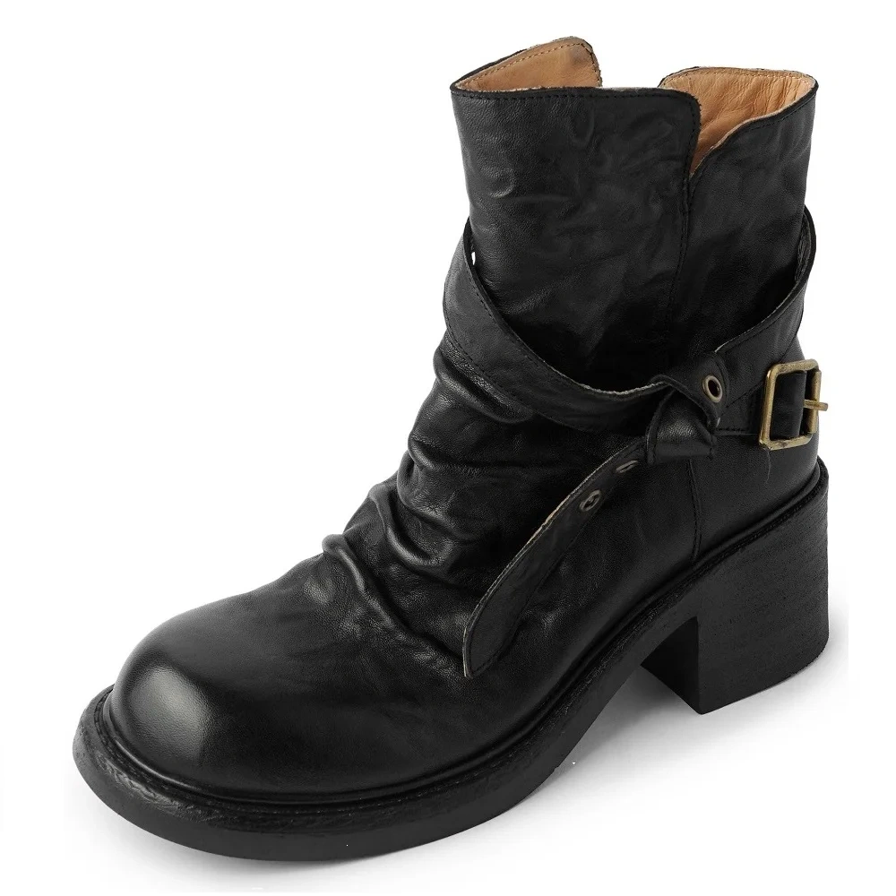 Women's New Spring Autumn Genuine Leather 8CM Block Heel Solid Color Belt Buckle Side Zip Round Toe Fashion Ankle Boots 50724