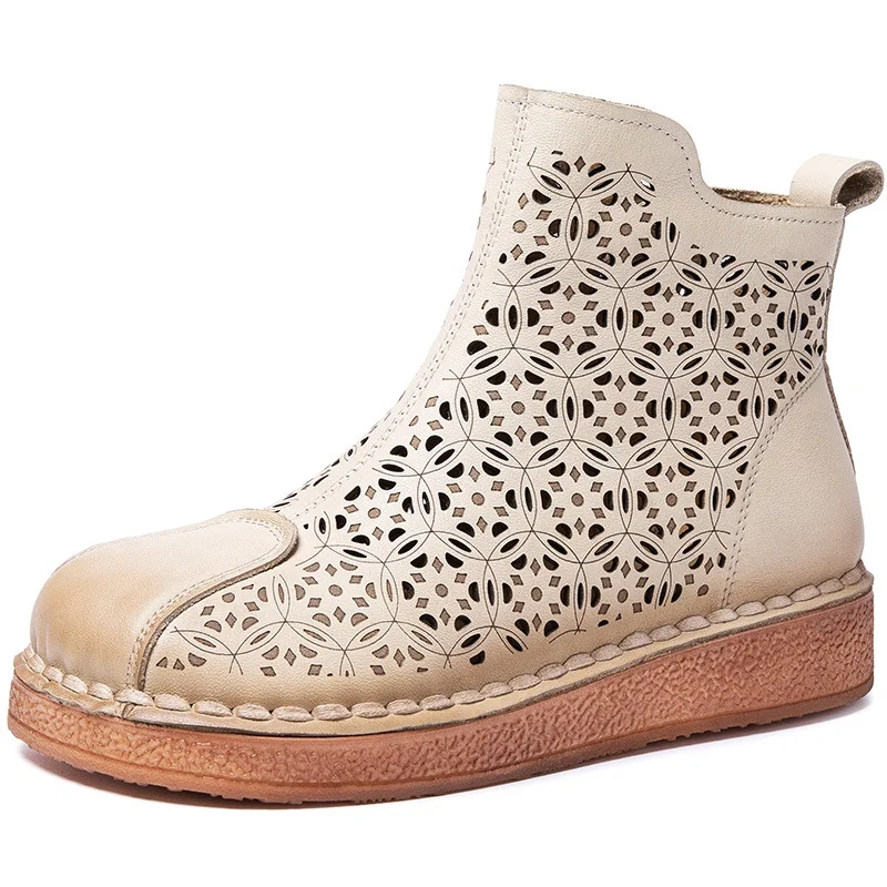 Women's Spring Summer Slim Fit 3 CM Thick Sole Genuine Leather Embossed Floral Cut Out Retro Zip Stitch Ankle Boots 50602