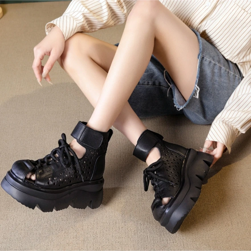 Women's Summer New Slim 8 CM Wedge Heel Genuine Leather Peep Toe Platform Lace Up Hook & Loop Gladiator Casual Sandals 50607