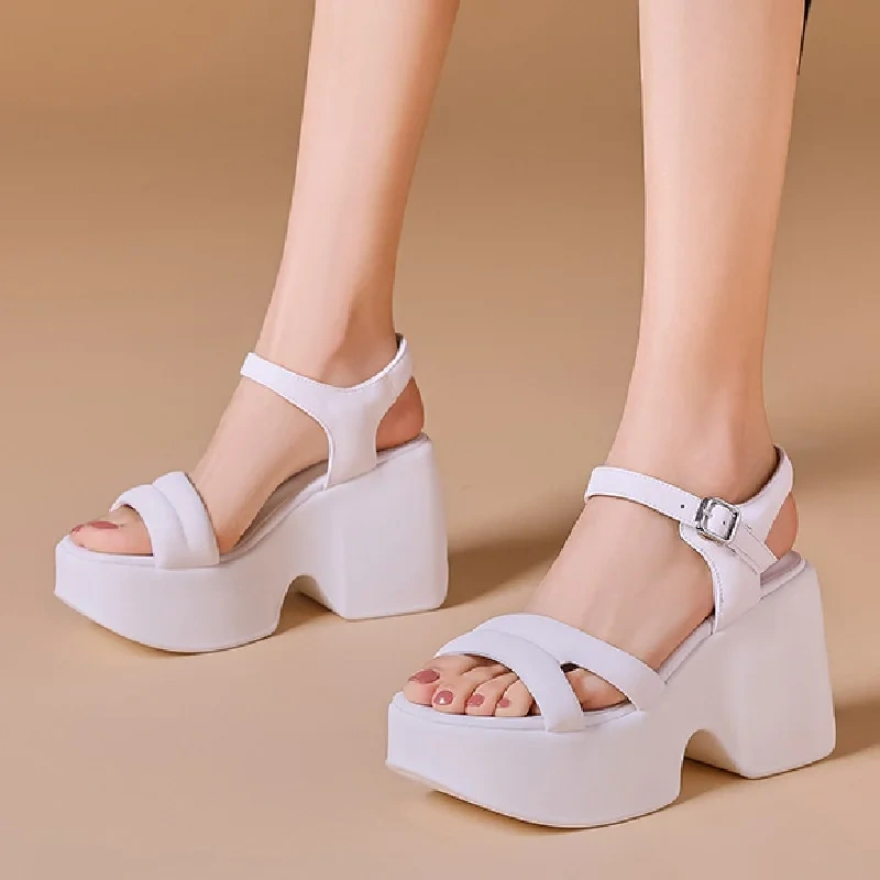 Summer New Korean Style 10 CM High Heels Wedges Platform Peep Toe Buckle Strap Genuine Leather Women Gladiator Modern Sandals