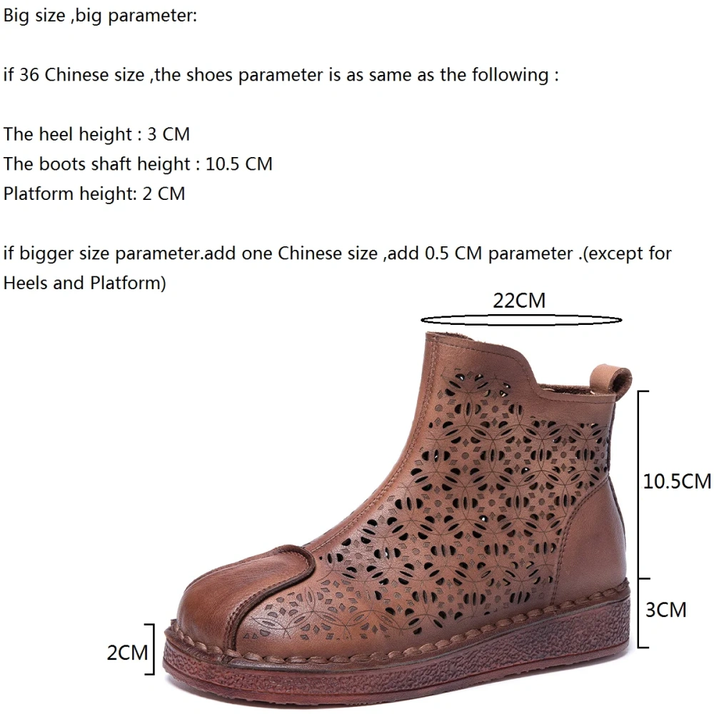 Women's Spring Summer Slim Fit 3 CM Thick Sole Genuine Leather Embossed Floral Cut Out Retro Zip Stitch Ankle Boots 50602