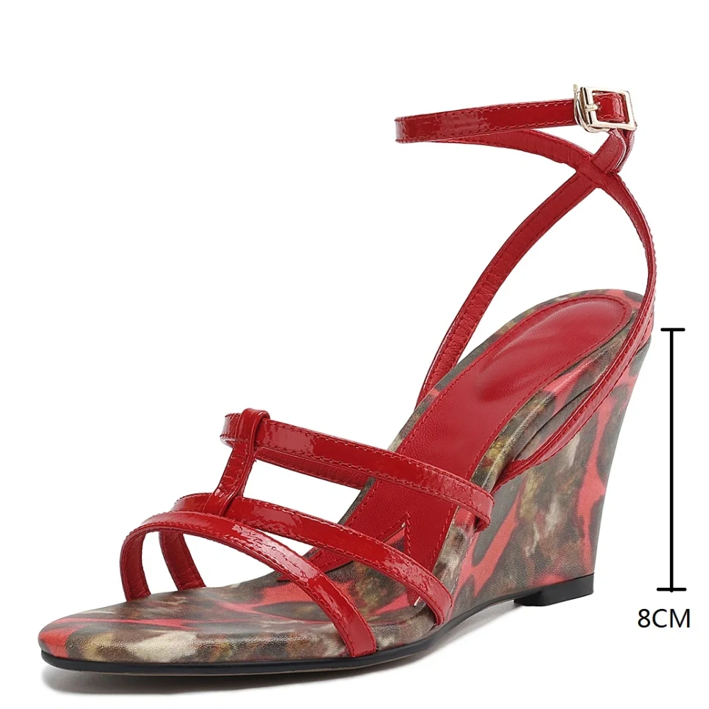 Women's Summer Fashion 8 CM Wedge Heel Red Printed & Color Blocking Genuine Sheep Leather Open Toe & Back Sandals 50617