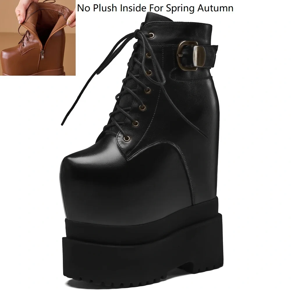 20CM Ultra High Heel Genuine Leather British Style Side Zipper Platform Stage Model Boots Ankle Boots Non-Slip Plush Lined 51016