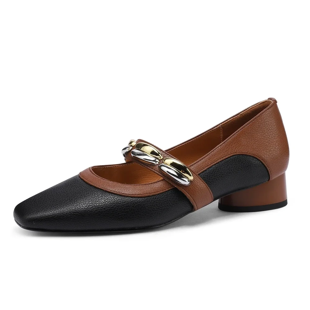 Women's Spring Summer New Genuine Leather French Square Toe 3CM Low Chunky Heel Shallow Mouth Block Color Slip On Shoes 50724