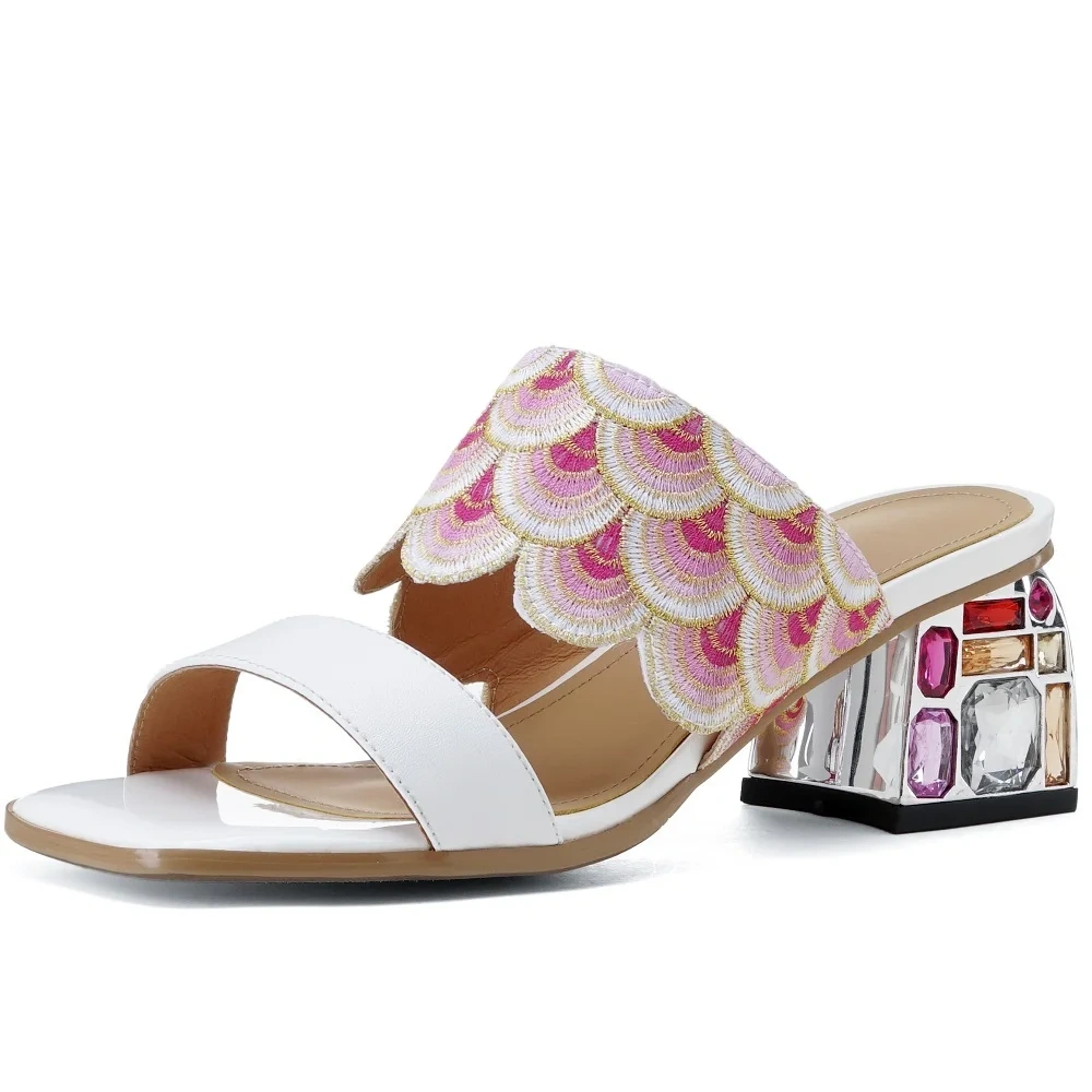 Women's Summer New Slim 5 CM Chunky Heel Genuine Leather Ethnic Embroidered Open-Toe Crystals Gladiator Plus Size Slippers 50623
