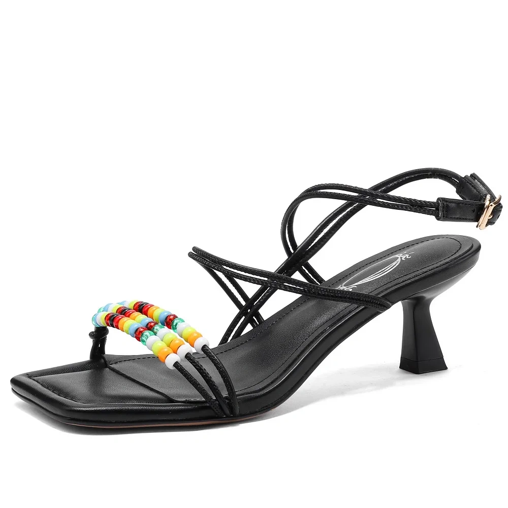 Women's Summer Fashion 5.5 CM Slim Thin Heel Genuine Leather Open Toe Backless Ankle Strap Beaded Buckle Gladiator Sandals 50620