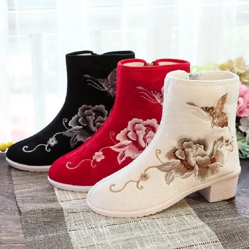 Spring Autumn New China Style Retro Thick Heels Embroider Zipper Sewing Canvas Women Ankle Short Equestrian Boots 20210701