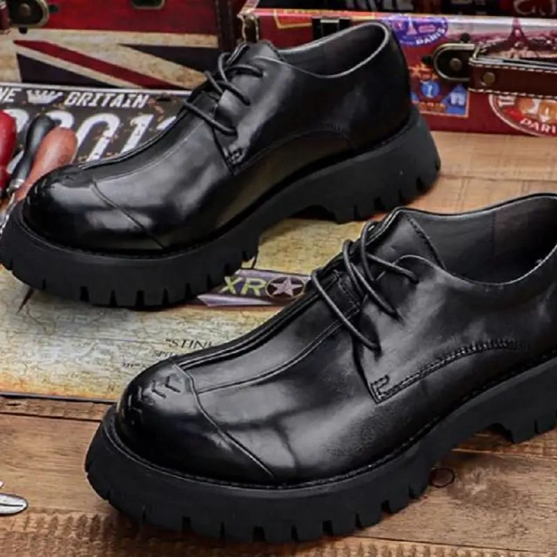 Spring Autumn New Arrival British Style Retro Chunky Bottom Round Toe Sewing Cross-tied Genuine Leather Men Business Shoes 2305