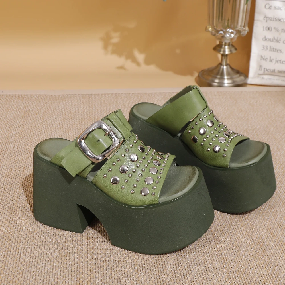 Women's Summer New 11 CM Chunky Heel Genuine Leather Open-Toe Gladiator Rivets Metal Buckle Platform Wedge Slippers 50606